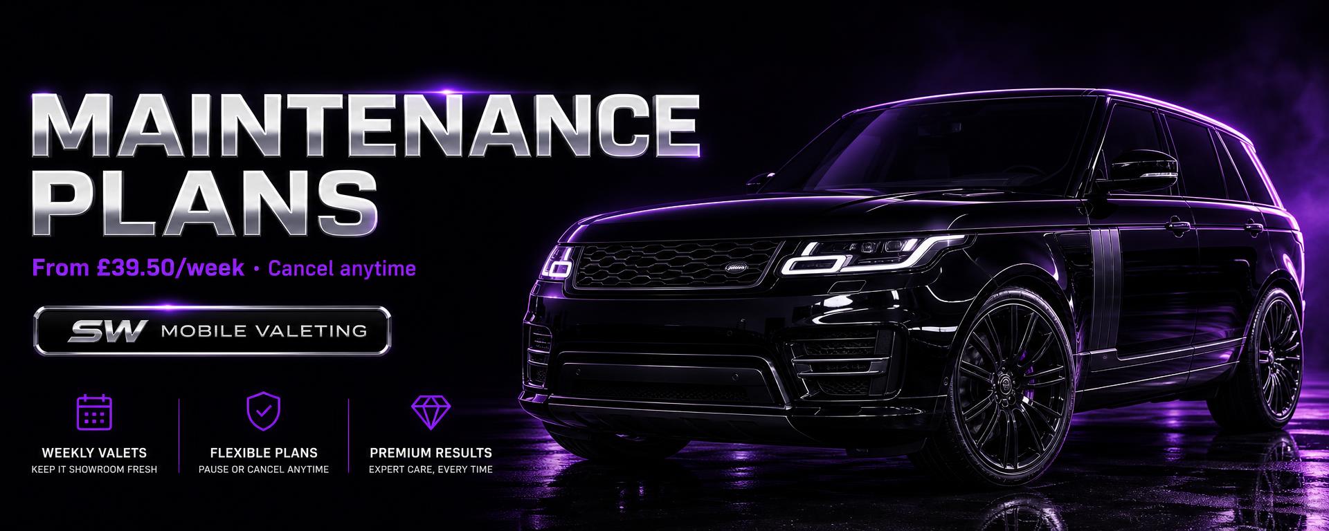 SW Car Care maintenance plans — a glossy black SUV under purple light, from £44.50 per week