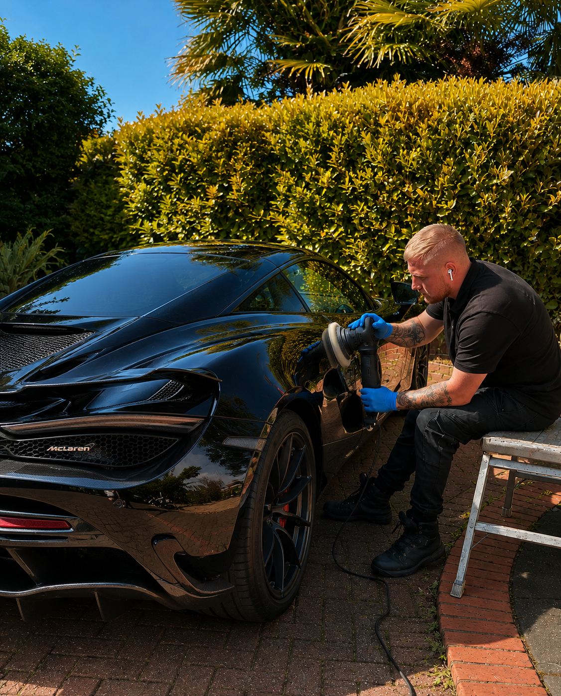 Professional mobile detailing on a black performance car